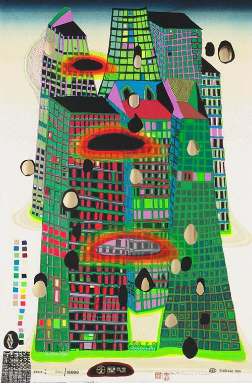 Hundertwasser - Good Morning City - Bleeding Town - series FF - 1969 color screenprint